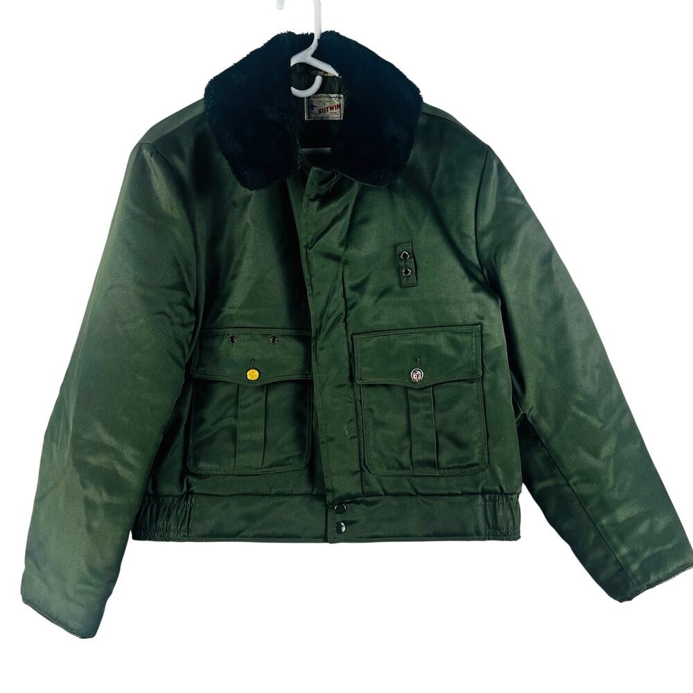 Vintage 50’s Butwin MNS 42S Police Bomber Jacket Olive Green Fur Collar Quilted